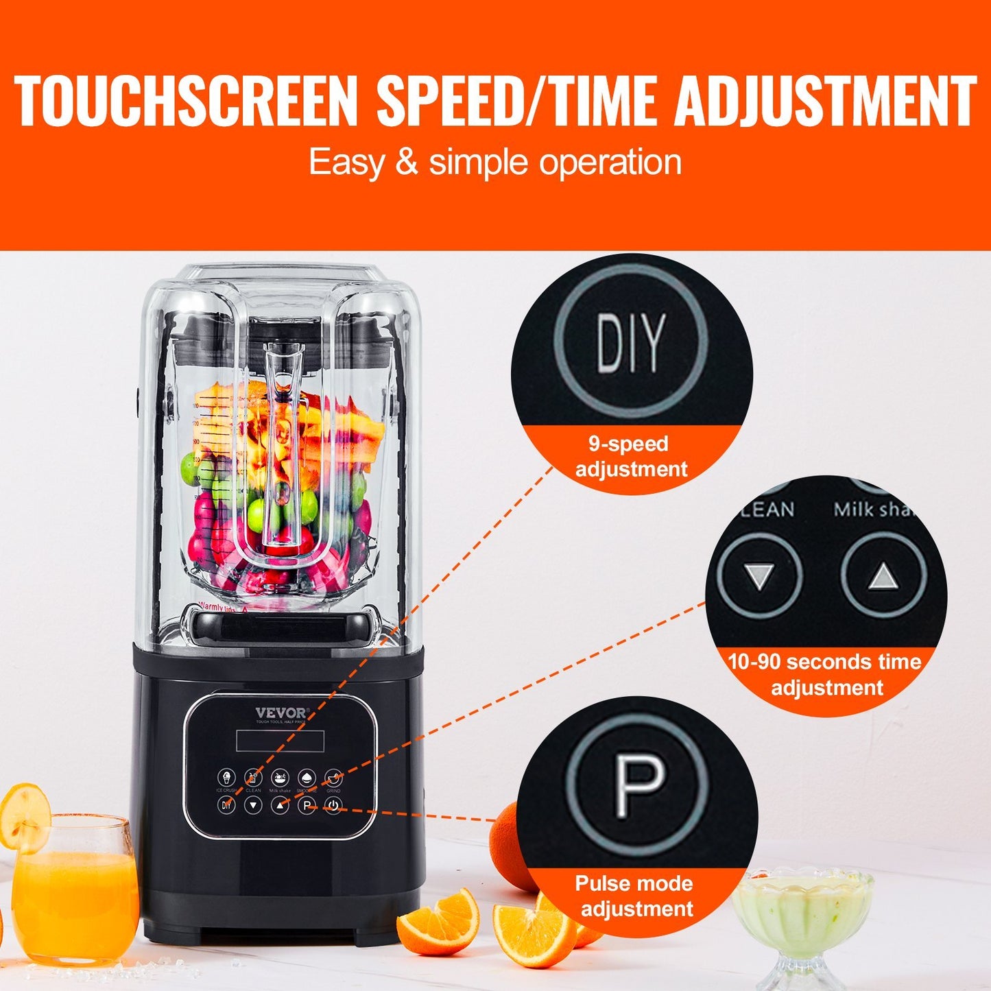 VEVOR Professional Blender With Shield, Commercial Countertop Blenders, 68 oz