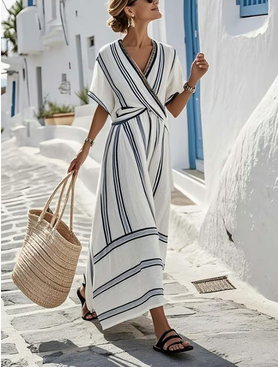 Women's Striped Boho Maxi Dress β V-Neck Short Sleeve A-Line Beach Dress