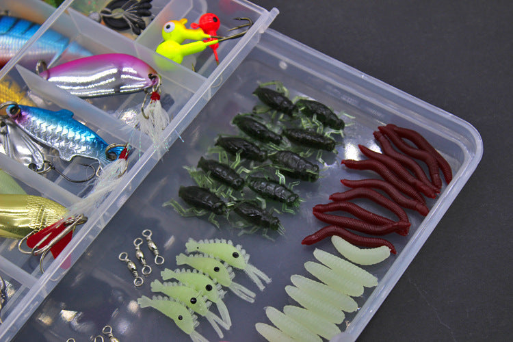 Sheila Merchandise beginner fishing kit with various colorful soft lures and fishing swivels in a clear plastic tackle box