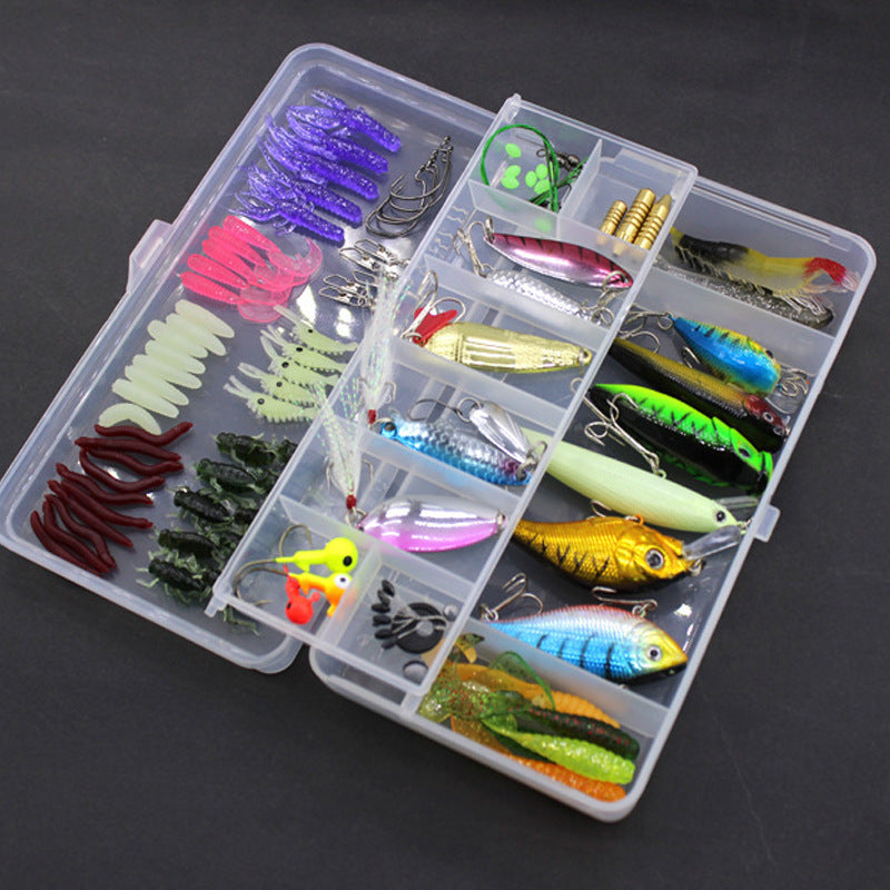 Sheila Merchandise beginner fishing kit with colorful lures hooks and soft baits in a clear plastic tackle box