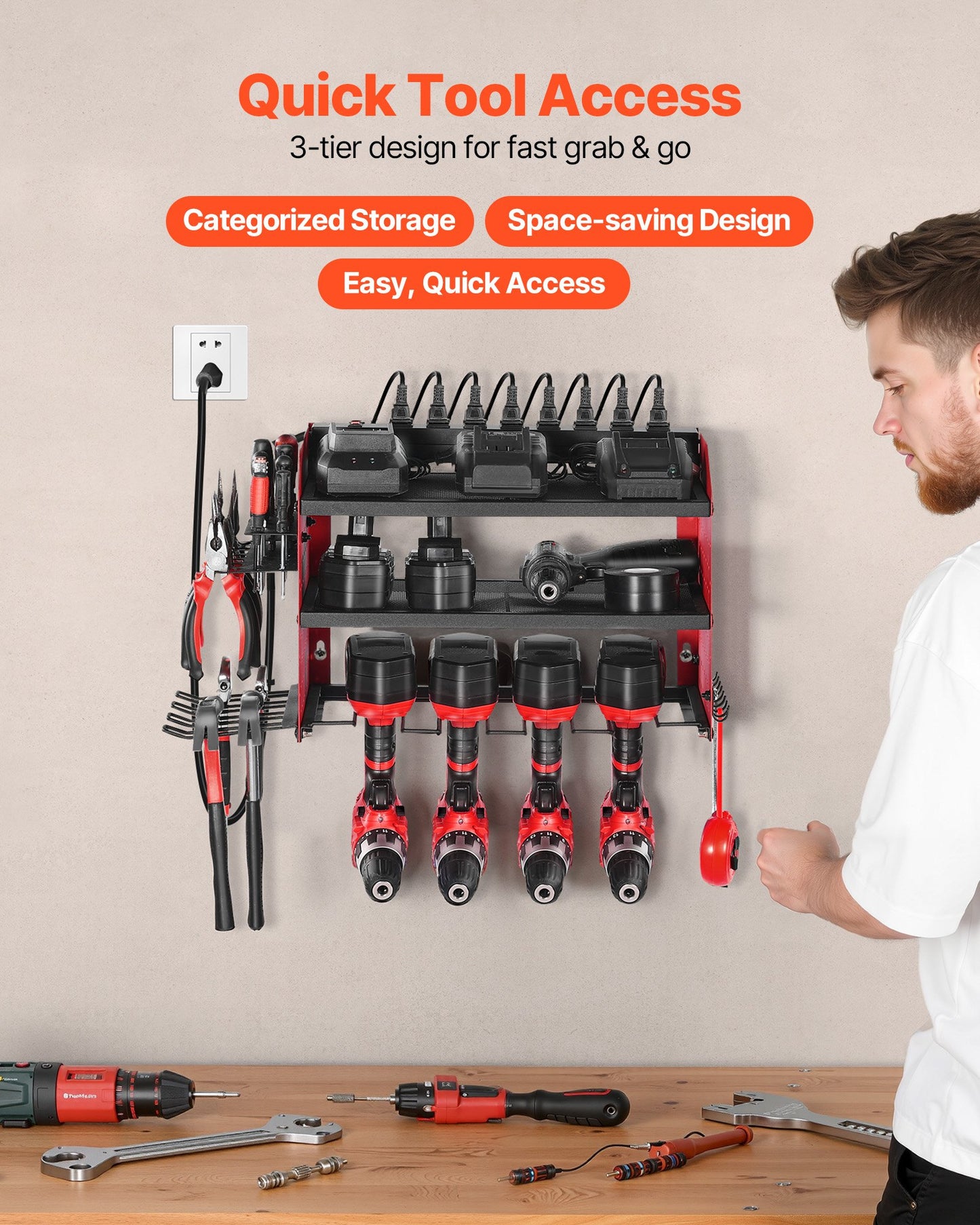 Power Tool Organizer with Charging Station - 3-Tier Wall Mount Rack with 8-Outlet Power Strip, 100 lbs Capacity