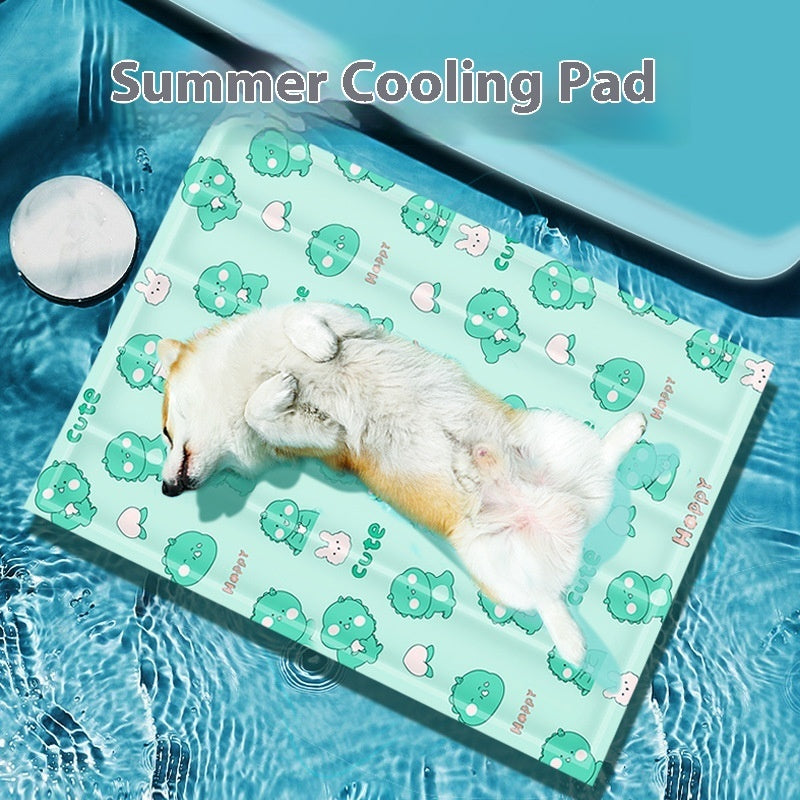 Dog lying on Sheila Merchandise waterproof dog cooling gel pad with cute green pattern by the pool