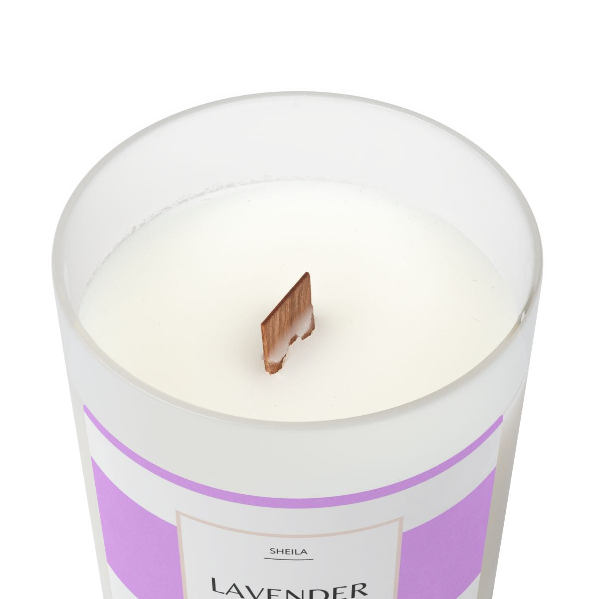 Relaxing lavender candle in a sleek jar with wooden wick for soothing ambiance