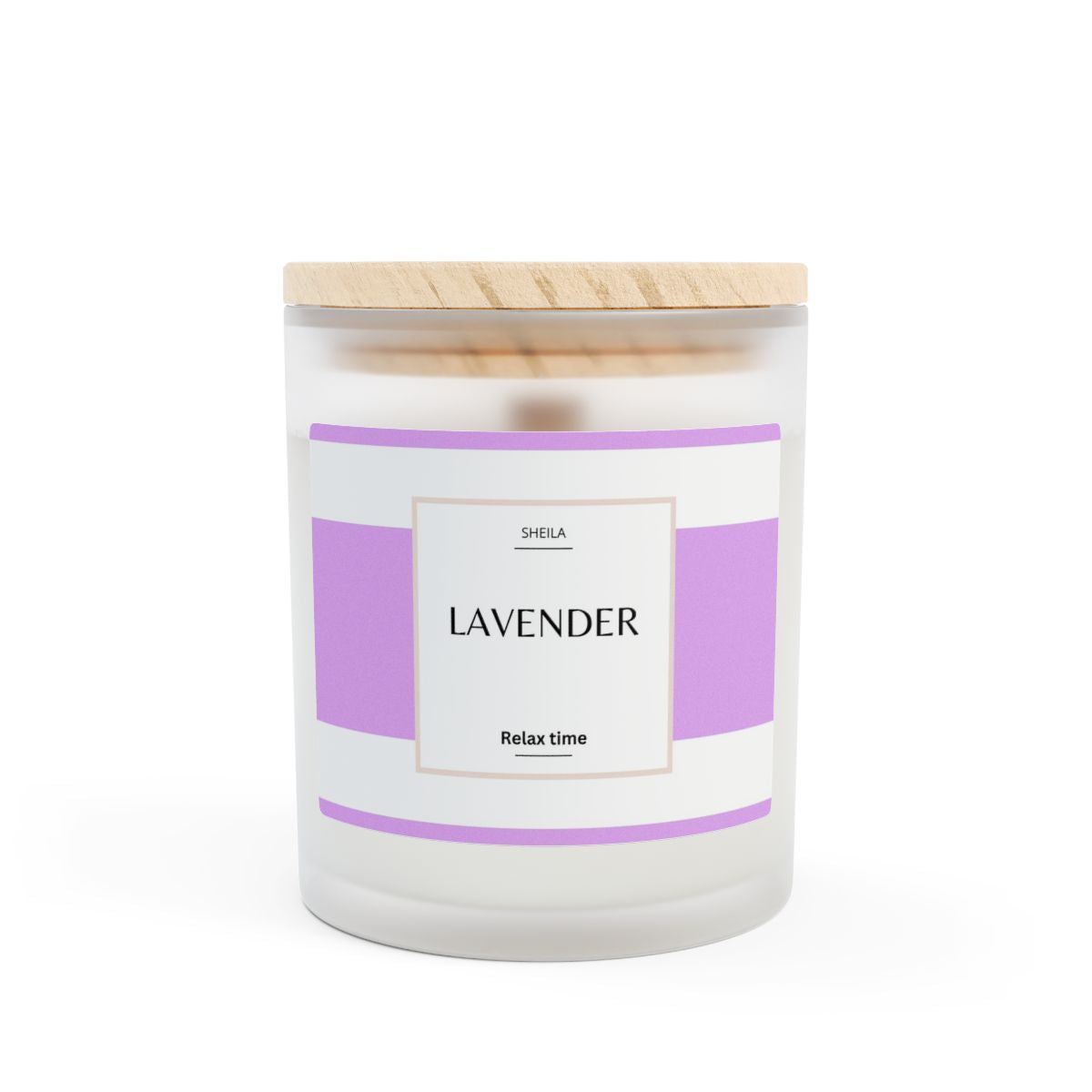Relaxing lavender candle in a frosted glass jar with a wooden lid for a calming ambiance