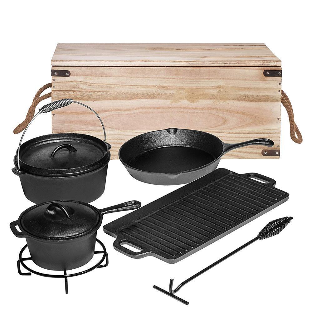 Sheila Merchandise cast iron oven camping set with Dutch oven skillet grill grates and wooden storage box