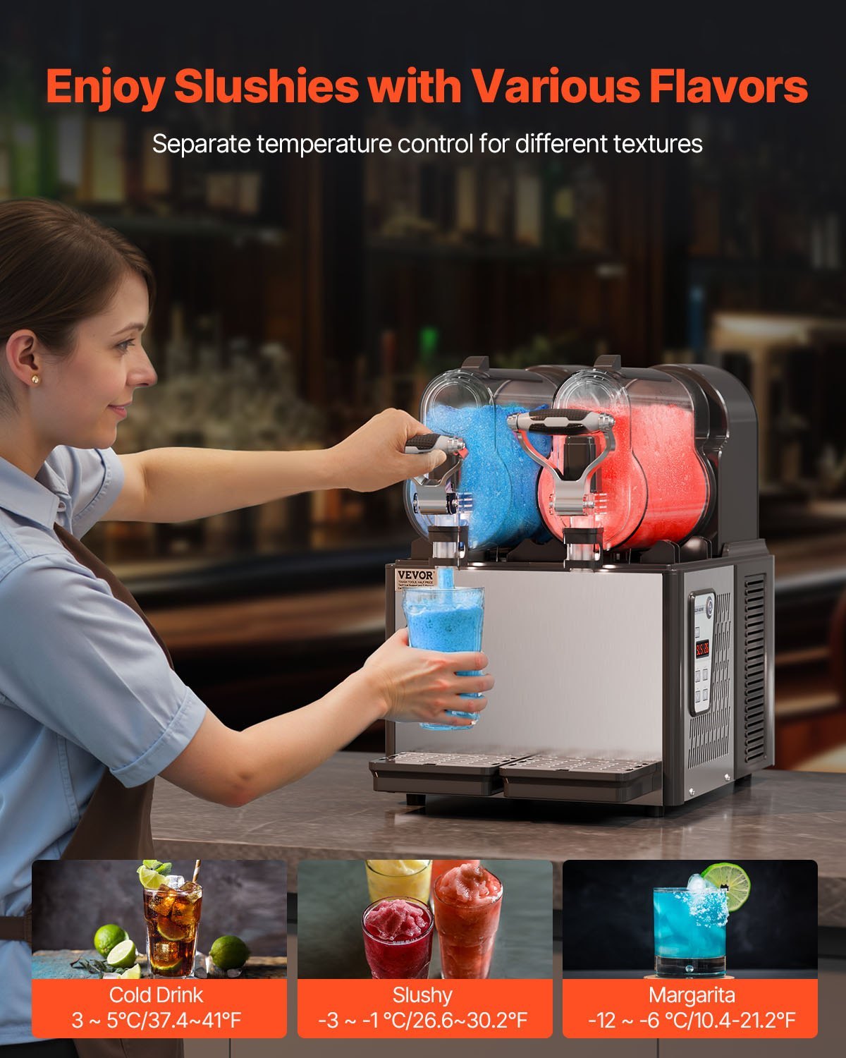Slush Beverage Dispenser with Temperature Retention.