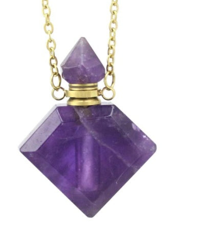 Natural Crystal Perfume Bottle Necklace - Diamond-Shaped Aromatherapy Pendant Jewelry