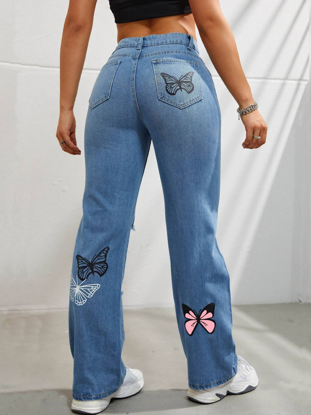 Women's Butterfly Print High Waist Straight Leg Jeans