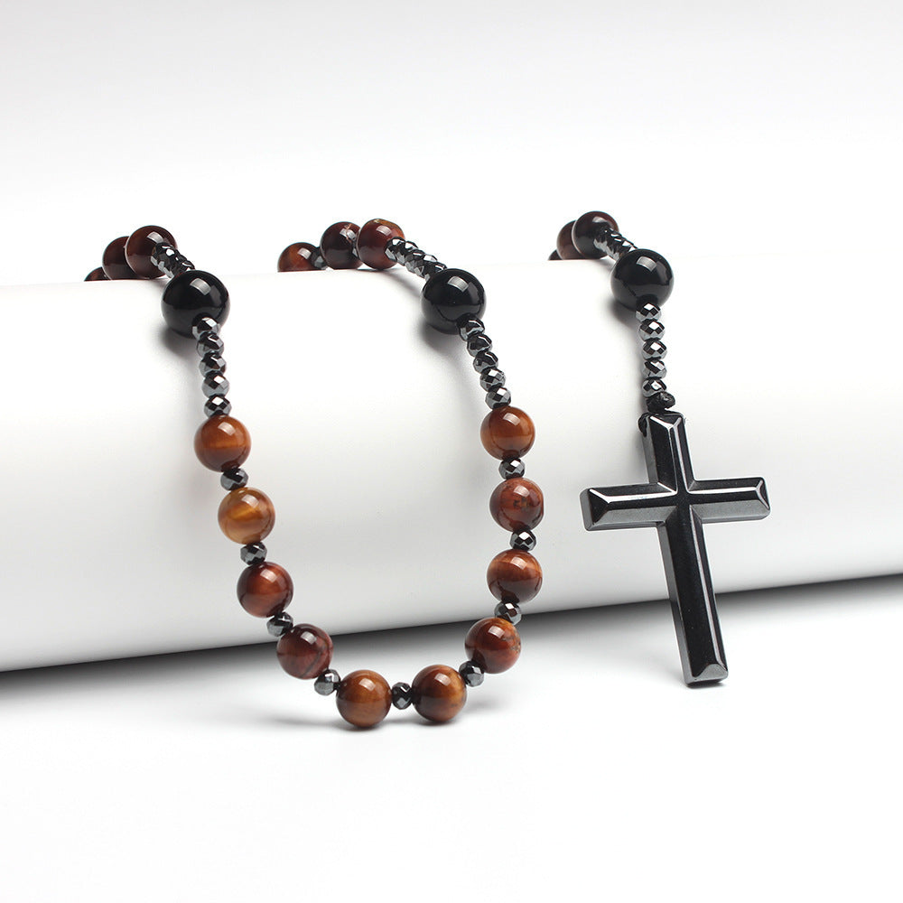 Natural Round Beads Long Chain Cross Necklace – Elegant Prayer Jewelry
