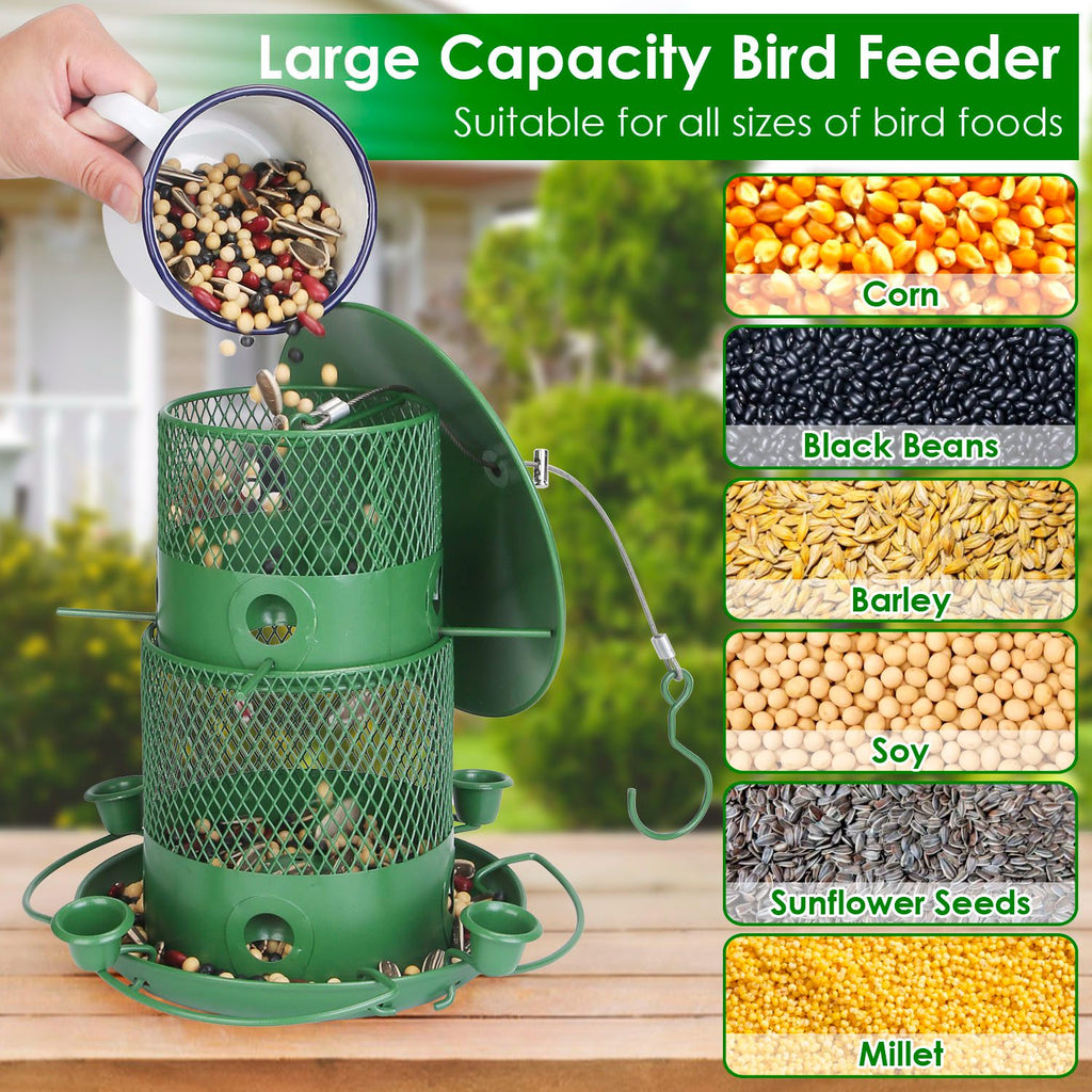 3-Tier Squirrel-Proof Metal Wild Bird Feeder – 360° Perches & Water Cups, Outdoor Hanging