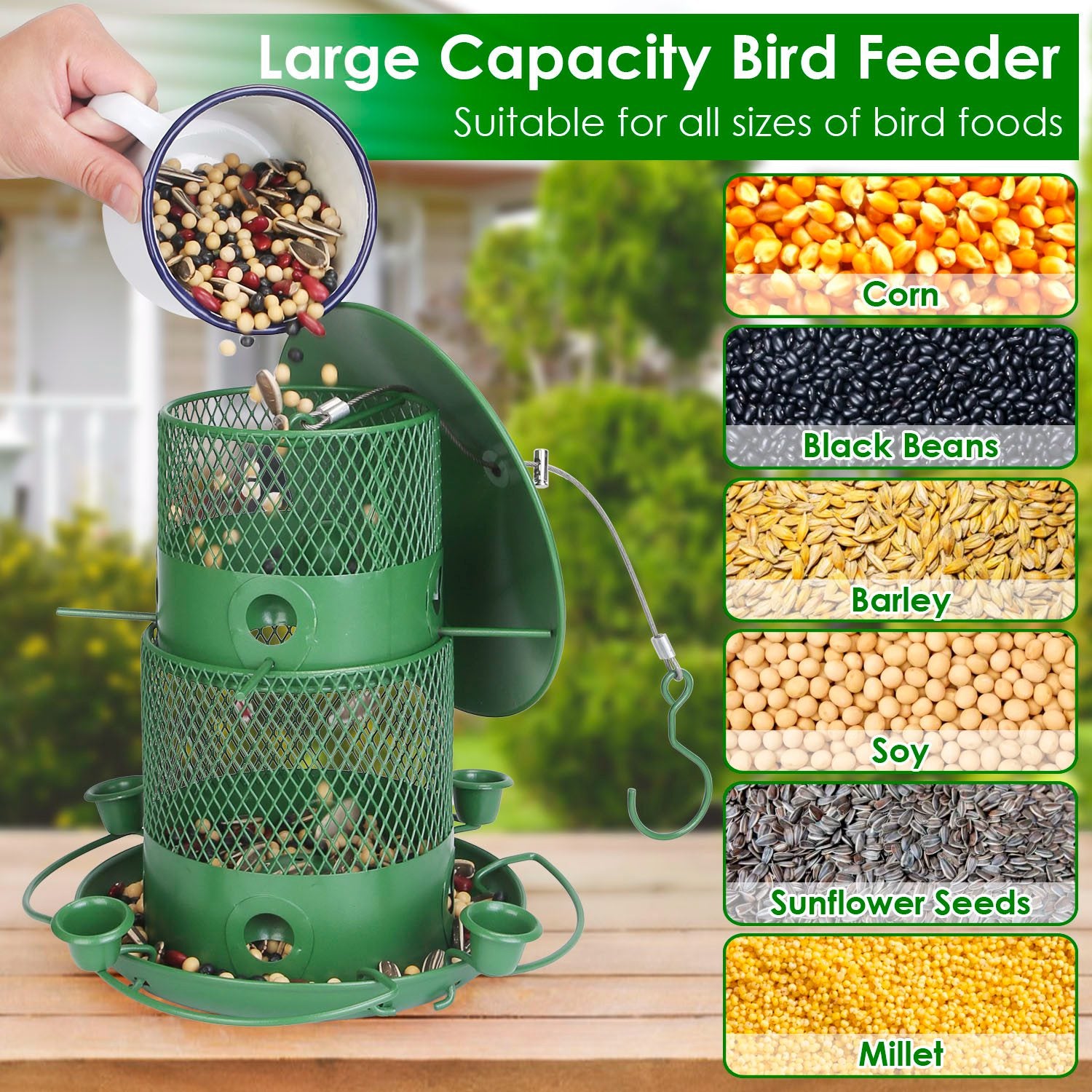 3-Tier Squirrel-Proof Metal Wild Bird Feeder – 360° Perches & Water Cups, Outdoor Hanging