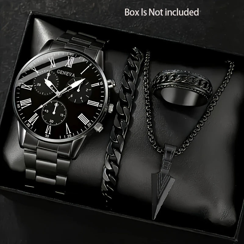 Mens Quartz Watch Necklace  Bracelet And Ring 4-Piece Set