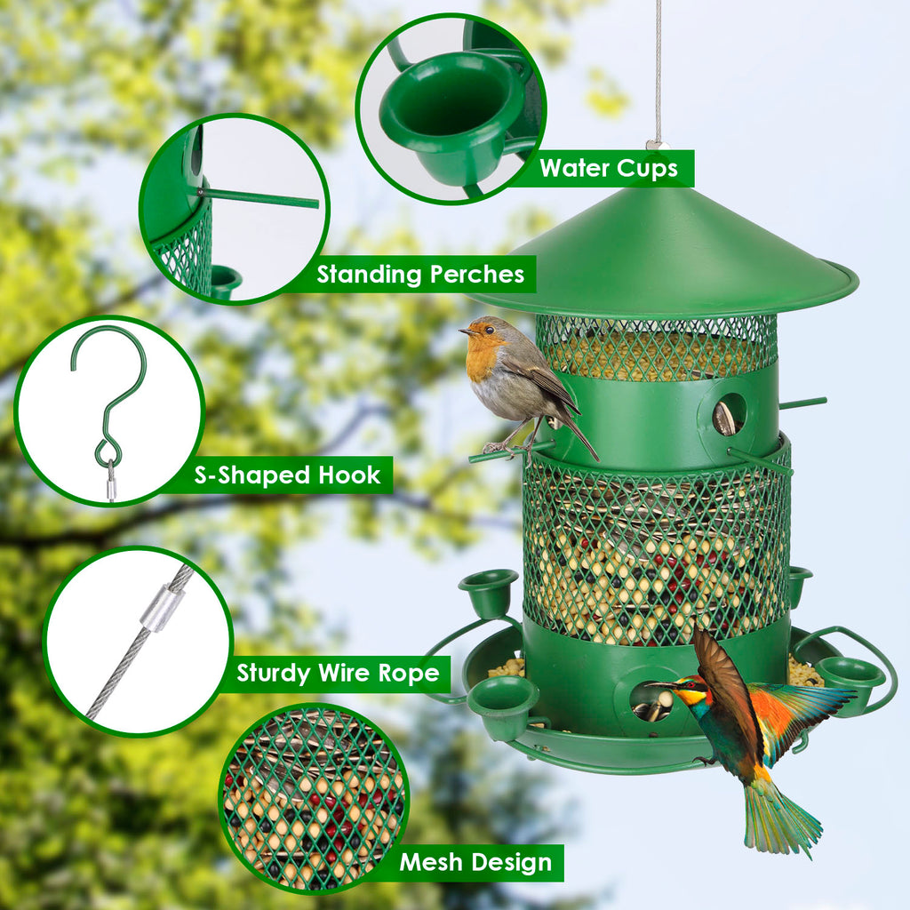 3-Tier Squirrel-Proof Metal Wild Bird Feeder – 360° Perches & Water Cups, Outdoor Hanging