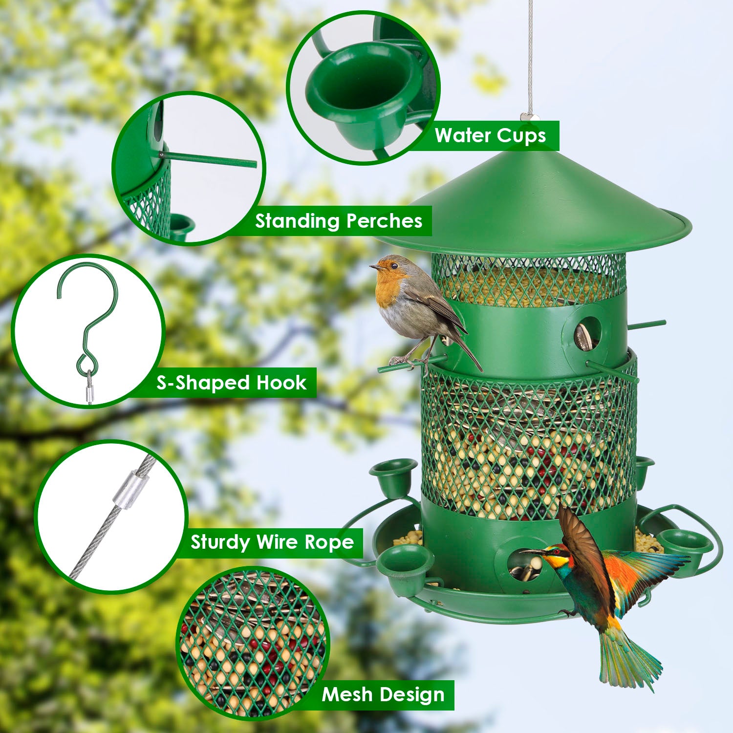 3-Tier Squirrel-Proof Metal Wild Bird Feeder – 360° Perches & Water Cups, Outdoor Hanging