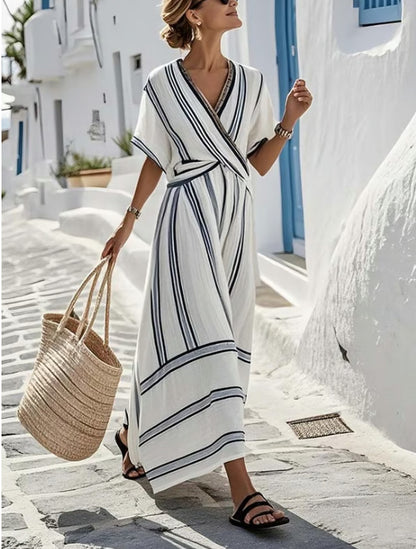 Women's Striped Boho Maxi Dress – V-Neck Short Sleeve A-Line Beach Dress