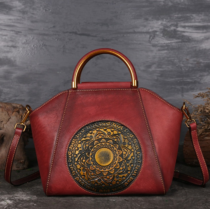 Embossed Leather Messenger Bag - Totem Pattern