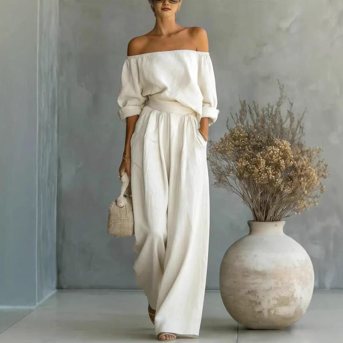 Women's Off-Shoulder Top & Wide-Leg Pants Set