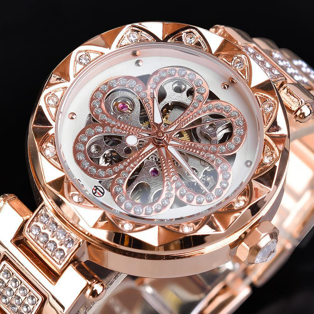 Women's Luxury Mechanical Automatic Watch – Rhinestone Rose Gold Stainless Steel