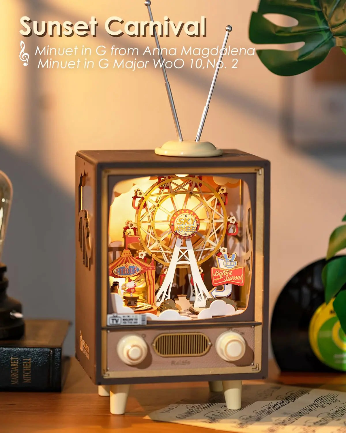 Robotime Rolife Sunset Carnival Music Box – 3D Wooden Puzzle with LED Light & Melody