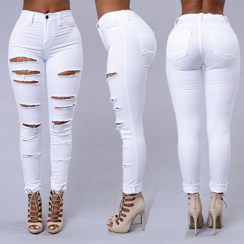 Women's High Waist Ripped Skinny Jeans – Cotton Pencil Pants in Black & White