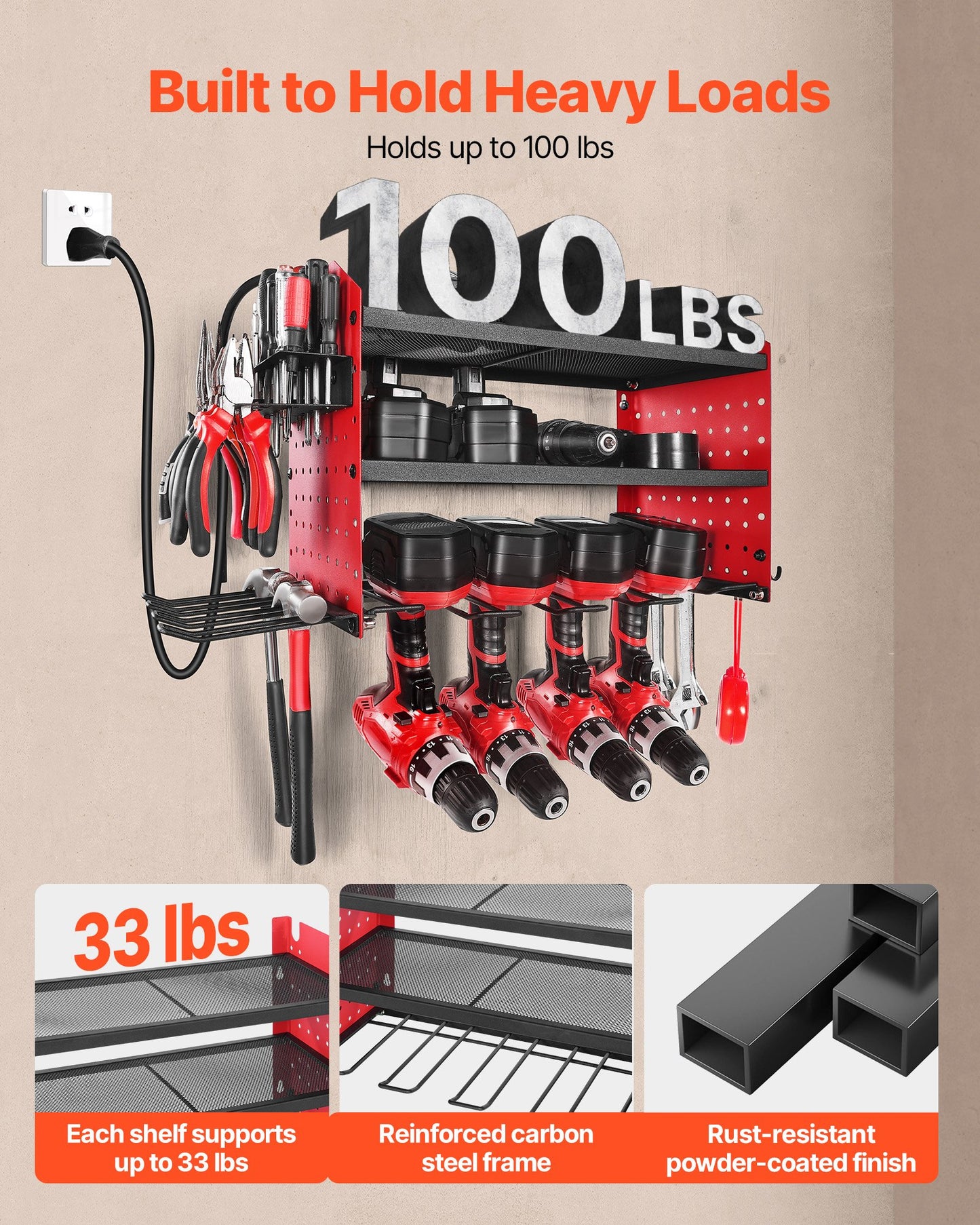 Power Tool Organizer with Charging Station - 3-Tier Wall Mount Rack with 8-Outlet Power Strip, 100 lbs Capacity