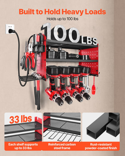 Power Tool Organizer with Charging Station - 3-Tier Wall Mount Rack with 8-Outlet Power Strip, 100 lbs Capacity