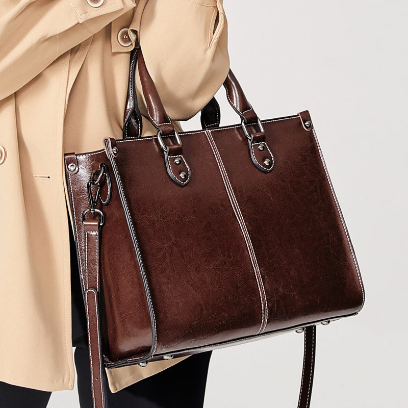 Structured Leather Tote Handbag – Premium Stitched Women's Shoulder Bag