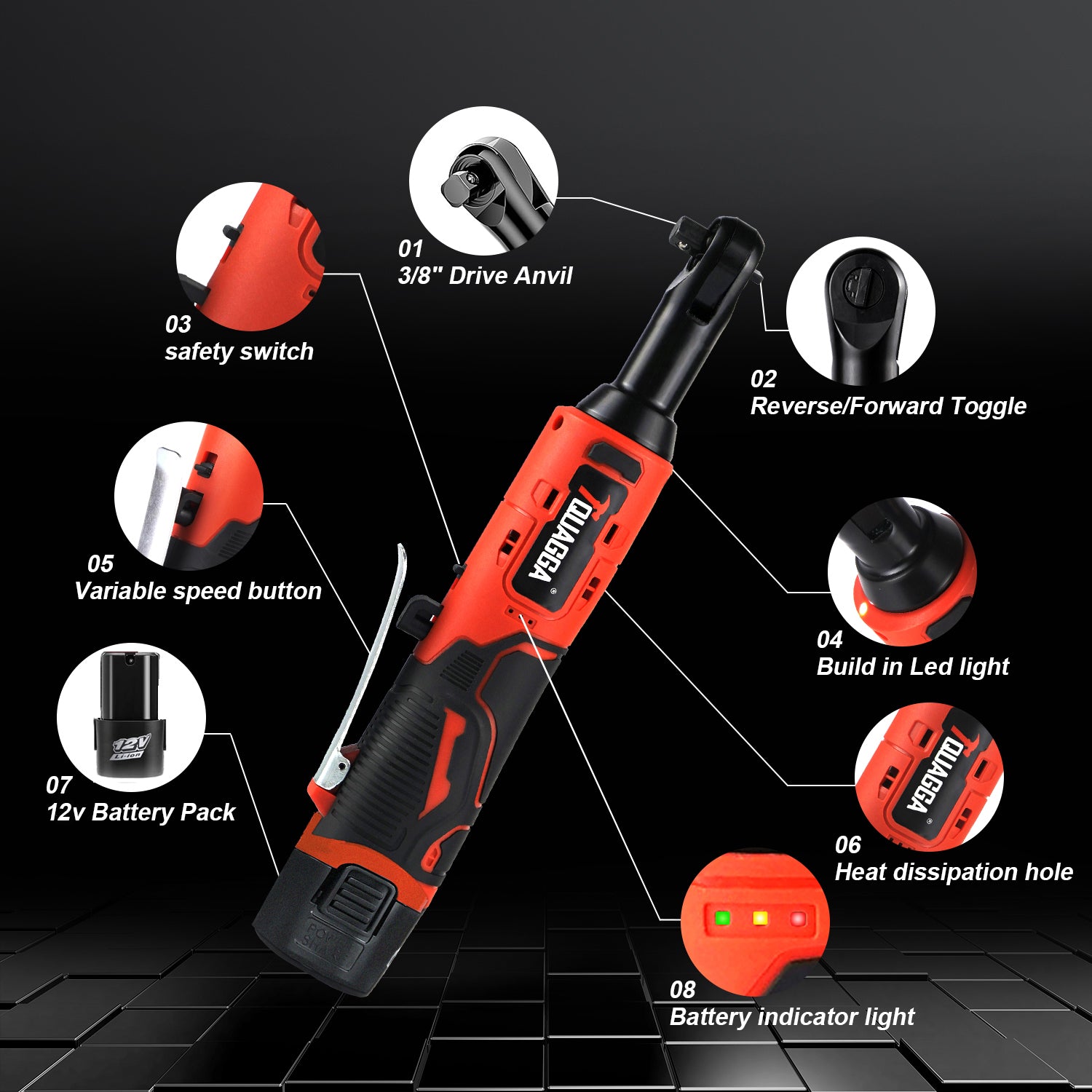 TQUAGGA 12V Cordless Electric Ratchet Wrench Set – 3/8" Drive, 45 ft-lbs