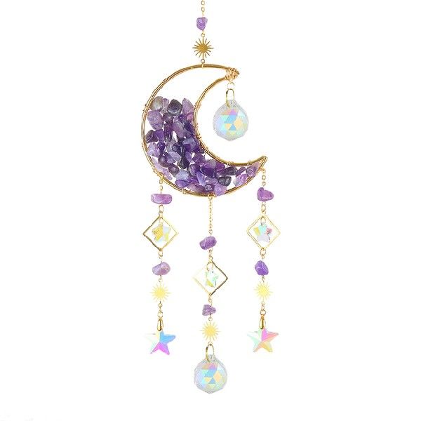 Moon & Stars Crystal Car Charm - Reflective Metal Hanging Ornament for Rearview Mirror