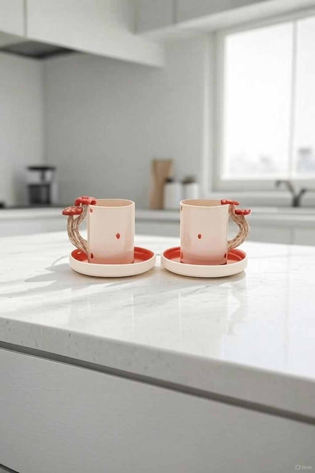 Handmade Ceramic Coffee Cup Set With Mushroom Handles For Cozy Mornings
