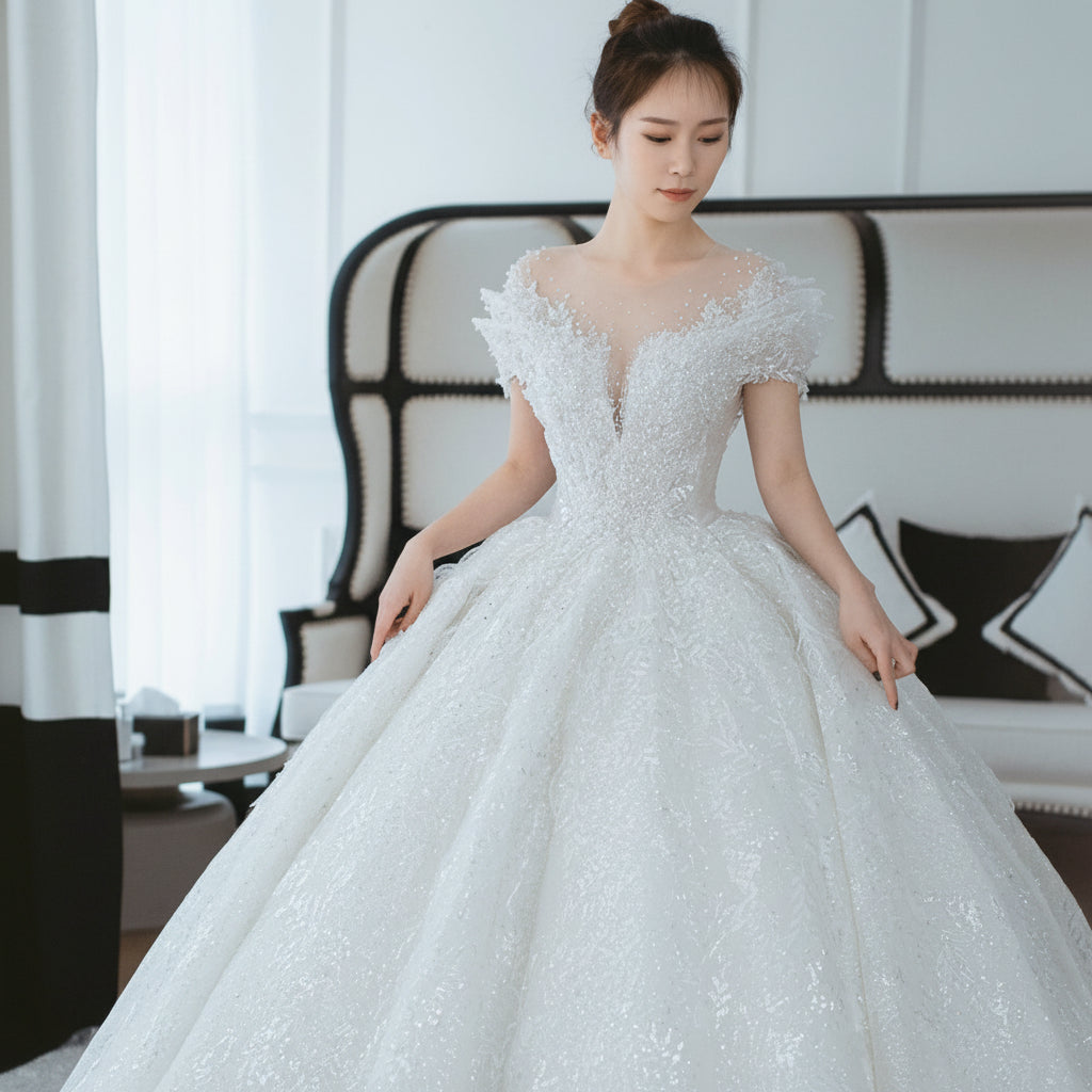 Off-Shoulder French Lace Wedding Dress - Romantic Bridal Gown with Elegant Sleeves
