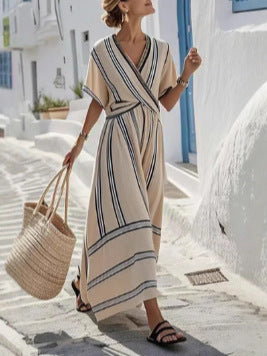 Women's Striped Boho Maxi Dress – V-Neck Short Sleeve A-Line Beach Dress