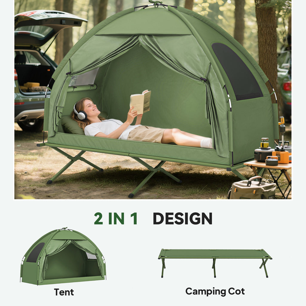 Camping Tent Cot - Single Person Elevated Folding Cot with Covered Tent & Carry Bag