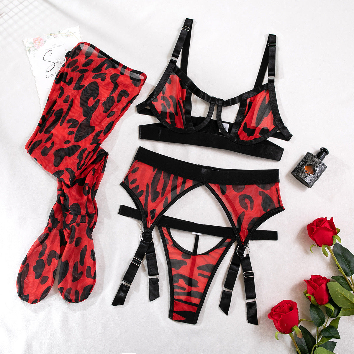 Leopard Print Mesh Lingerie Set with Stockings