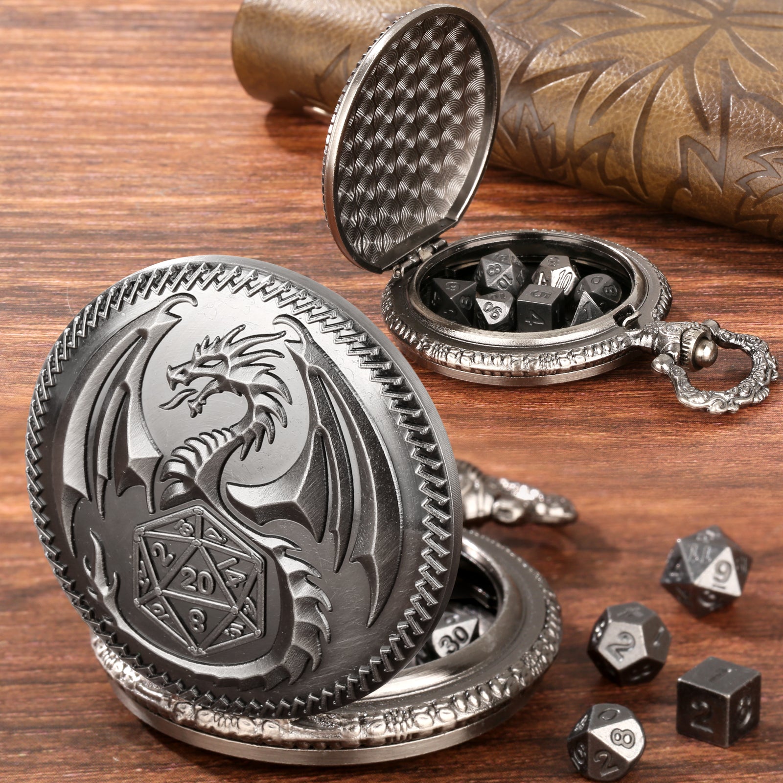 Retro Pocket Watch & 7-Piece DND Metal Dice Set – RPG Gift Bundle