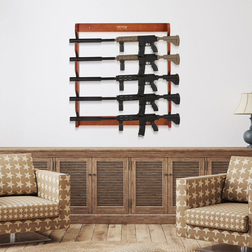 Gun Rack, Wood Gun Rack Wall Mount, Gun Display Rack Holds 5 Rifles, Shotguns, 132 Lb Heavy Duty Wall Storage Display Rifle Rack With Soft Padding