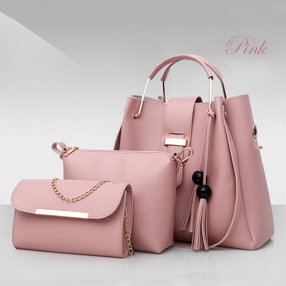 Women's 3-Piece Handbag Set | PU Leather Shoulder Bag, Crossbody & Tote with Tassel