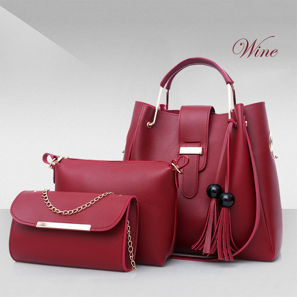 Women's 3-Piece Handbag Set | PU Leather Shoulder Bag, Crossbody & Tote with Tassel
