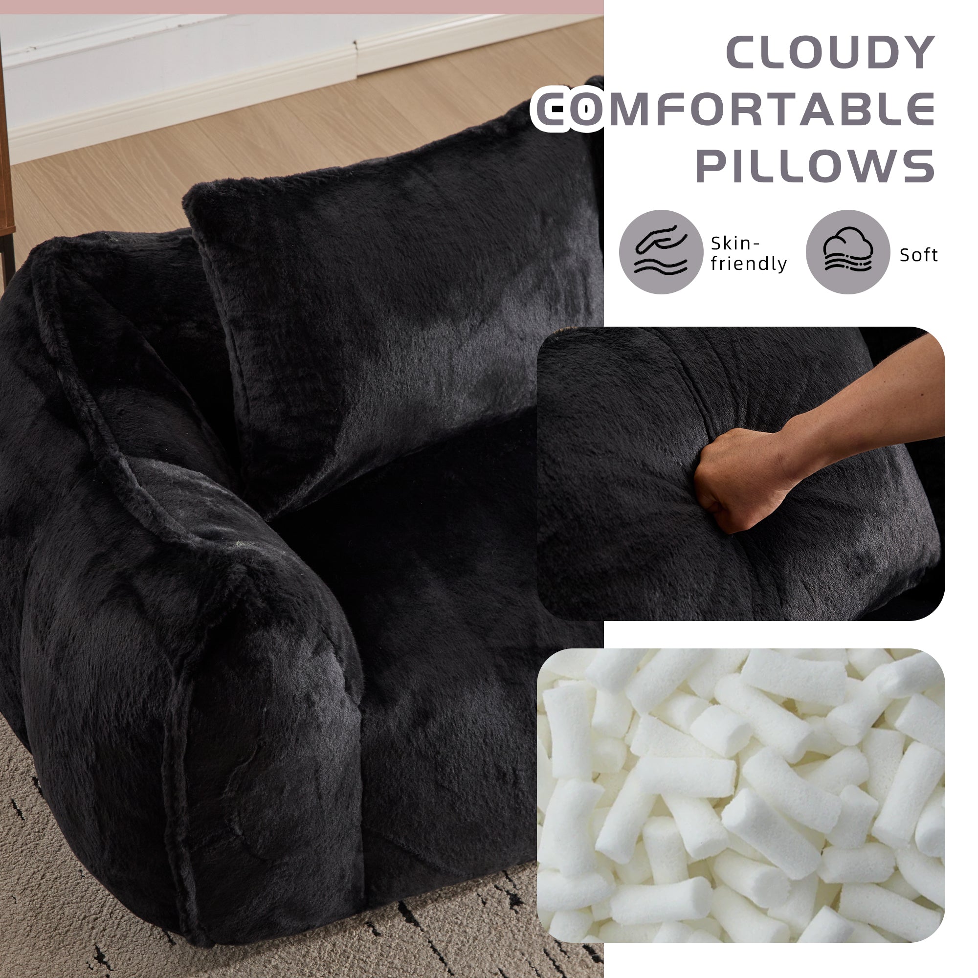 Giant Bean Bag Loveseat — Oversized Fluffy Sofa Chair with Pillows, Black
