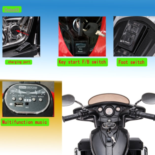 Kids 12V Electric Motorcycle – 2-Seat 3-Wheel Ride-On with Music, Lights & Storage, Ages 3–8