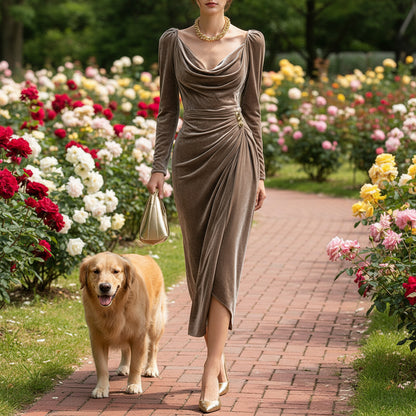 Long-Sleeved Pleated Velvet Sheath Dress with High Slit.