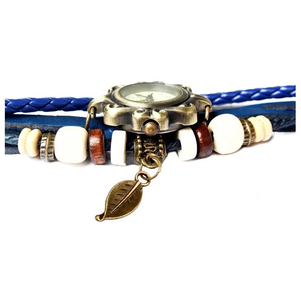 Women's Bohemian Leather Leaf Bracelet Watch – Handwoven Quartz Watch in Blue