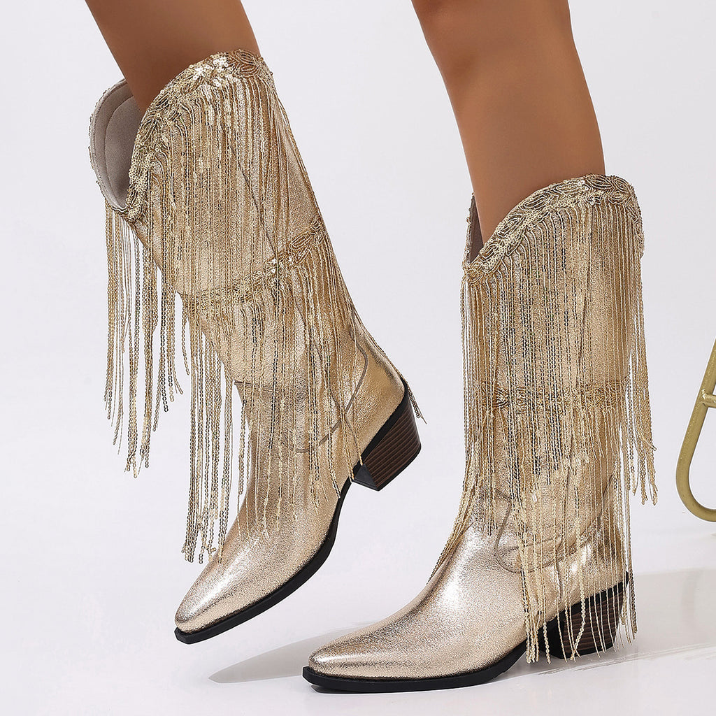European & American Retro Western Boots for Women — Chunky Heel, Pleated Design, Mid-Fashion Knight Style