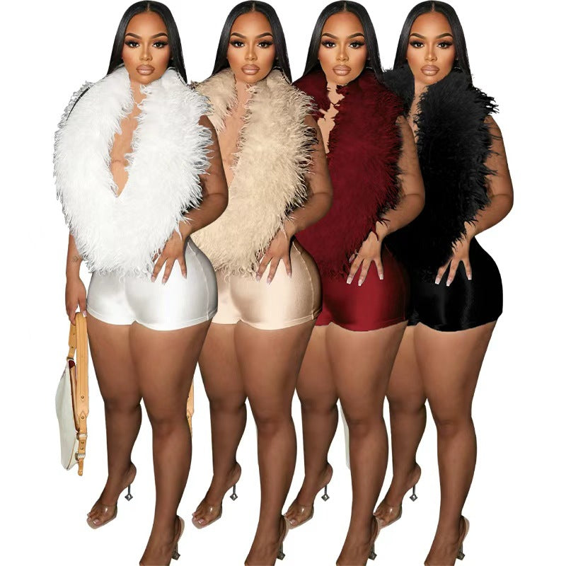 Women's Feather-Trim Satin Halter Jumpsuit Shorts