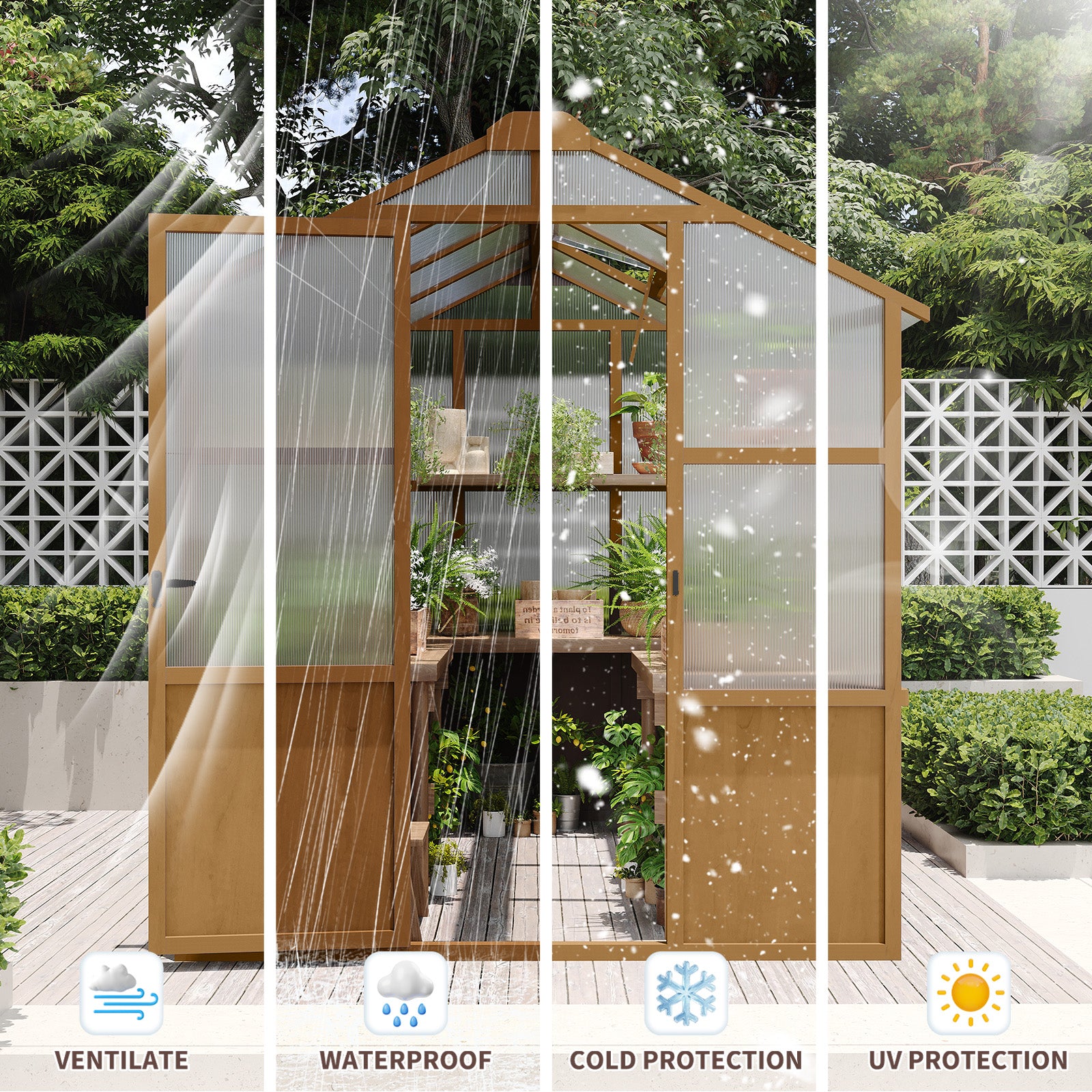 6x8 FT Greenhouse, Wooden Walk-in Greenhouse For Outdoors With 6MM Thick Polycarbonate Panel And Adjustable Roof Vents, Garden Backyard, Patio, Lawn, Wood Colour