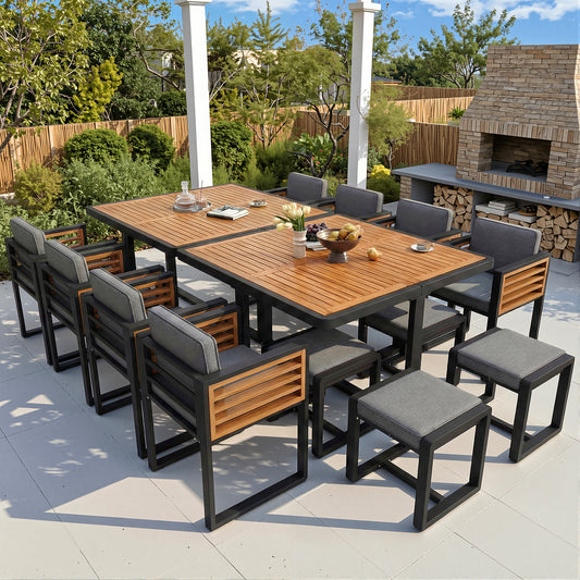12-Person Acacia Wood Outdoor Dining Set – 8 Armchairs, 4 Stools & 2 Tables