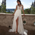 Bohemian Chiffon Wedding Dress with Lace Appliqués