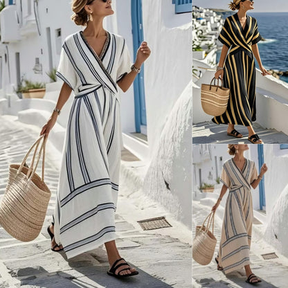 Women's Striped Boho Maxi Dress – V-Neck Short Sleeve A-Line Beach Dress