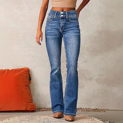 👖 Women’s Skinny Flared Jeans – Slim Fit Denim Pants with Pockets & Button Zipper