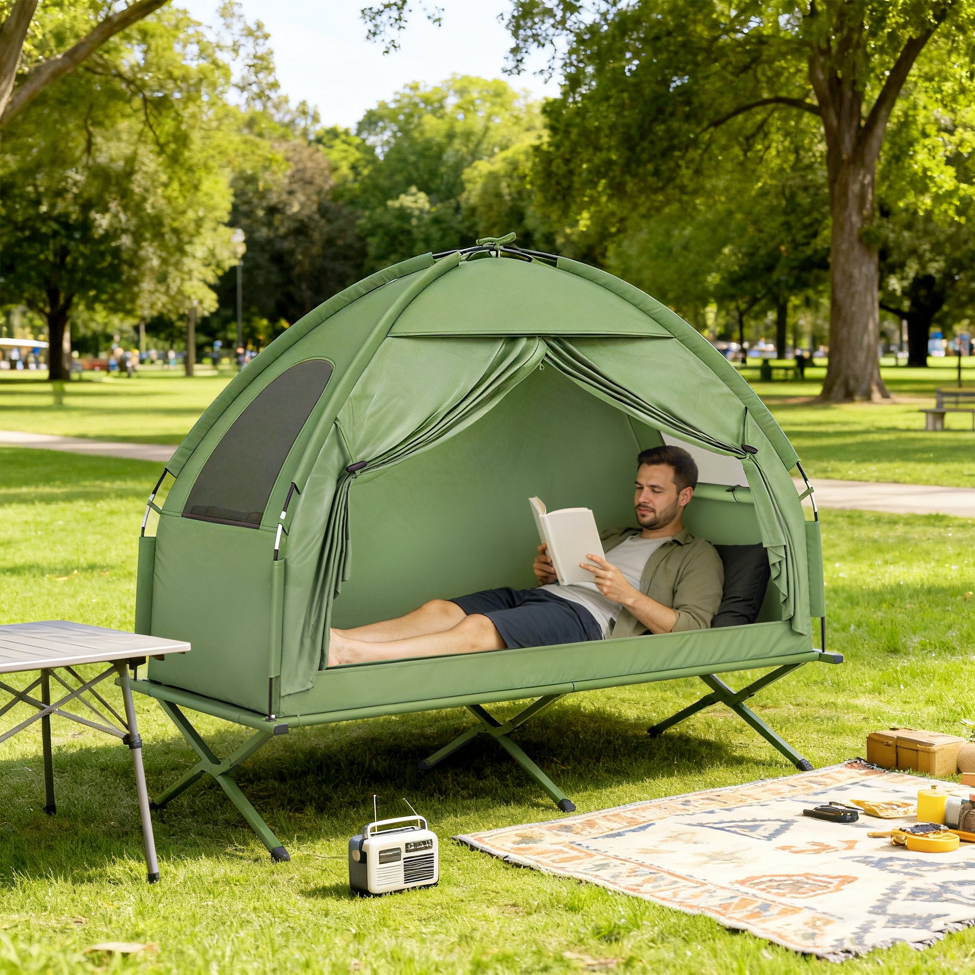 Camping Tent Cot - Single Person Elevated Folding Cot with Covered Tent & Carry Bag